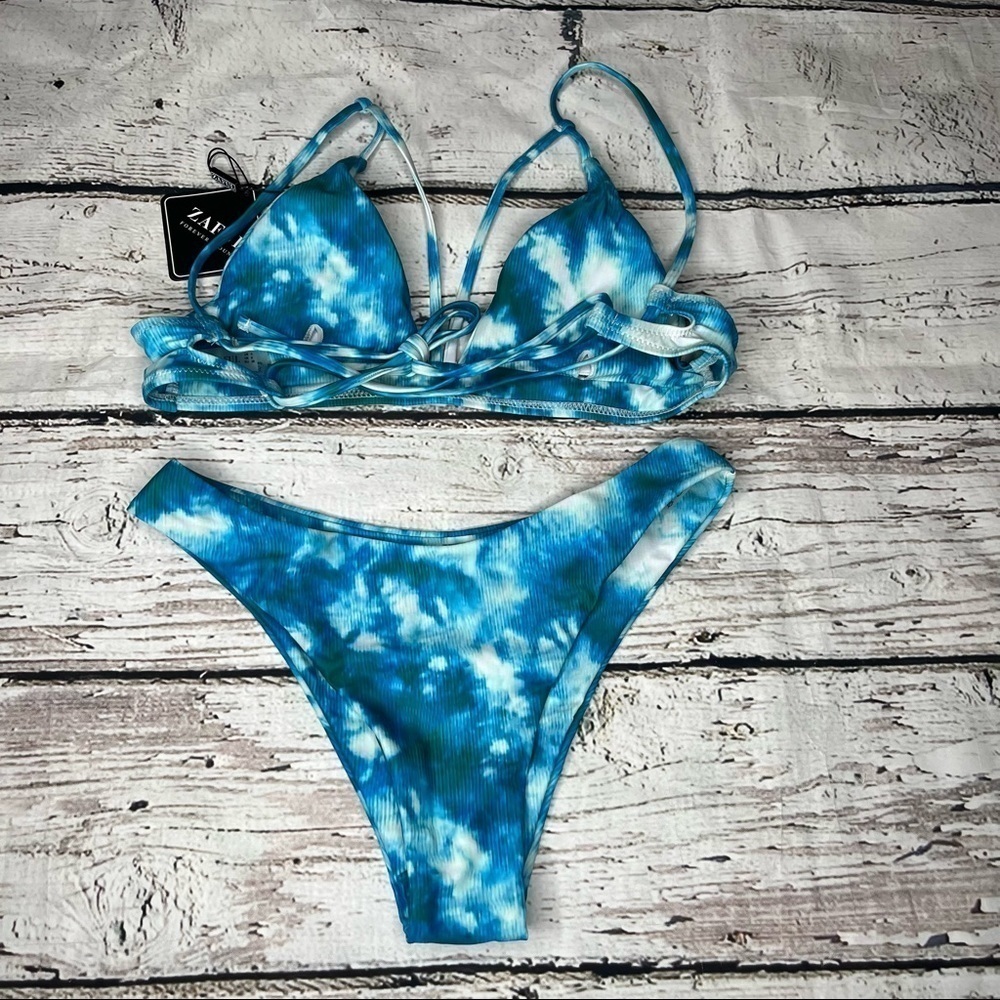 NWT Zaful Caged Top Tie Dye Blue/Green Bikini Set Size 4 - Picture 8 of 8
